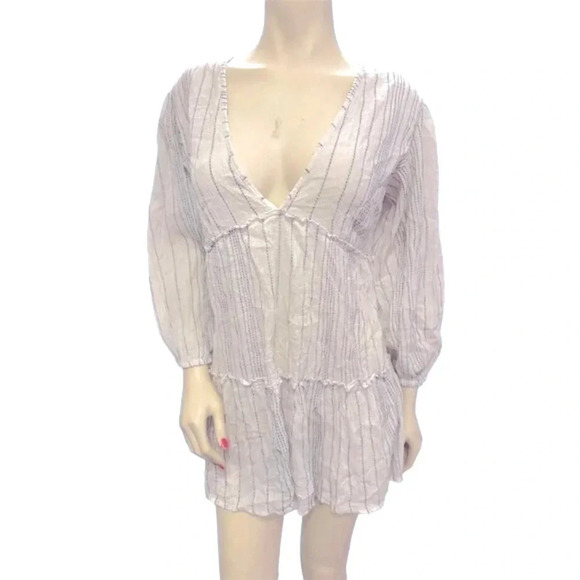 Blue Island Boho Beach Cover-Up Dress White Striped V-Neck Long Sleeve Large - Picture 1 of 11